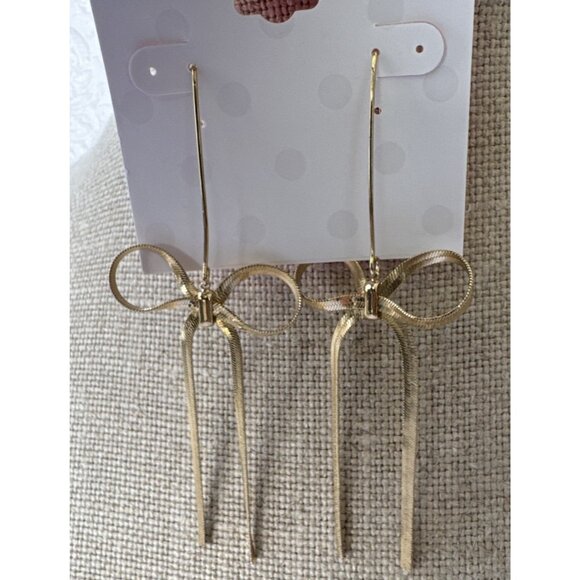 Isaac Mizrahi Goldtone Herringbone Ribbon Bow Dangle Drop Earrings 4" NEW - Picture 4 of 8